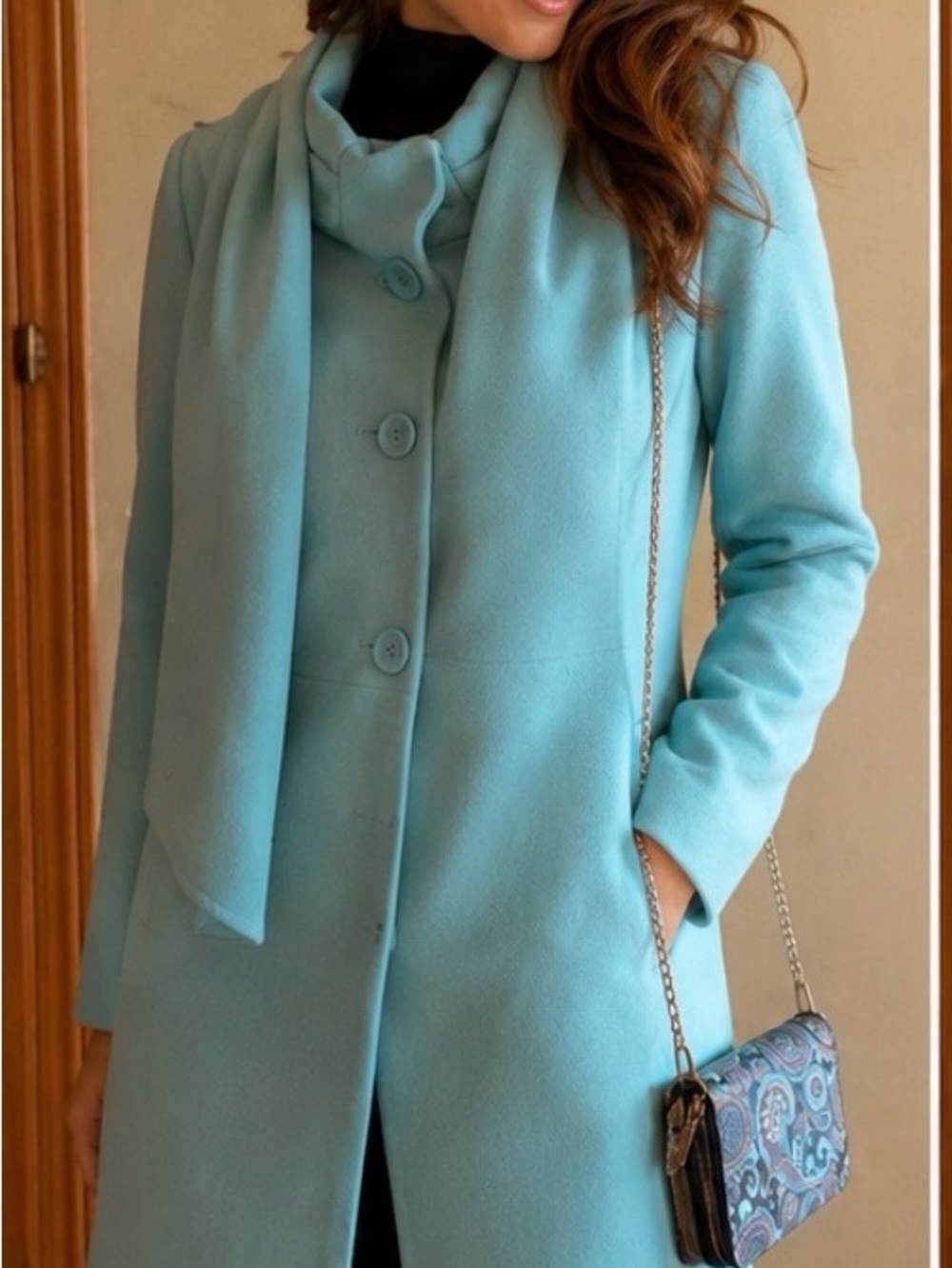 Jessica Light Aqua Stand Up Collar Jacket with Scarf Size 6